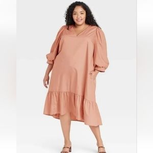 A NEW DAY DRESS WOMEN OVERSIZE 2X PEACH TUNIC STYLE V NECK PUFF SLEEVES NEW